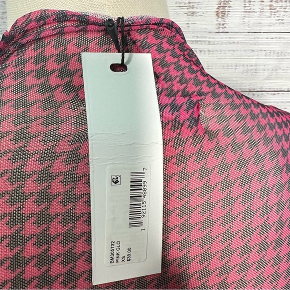 ⭐️ Steve Madden XS Eliza Mesh Top Pink Black Houndstooth Sheer Long Sleeve Shirt - Picture 10 of 14